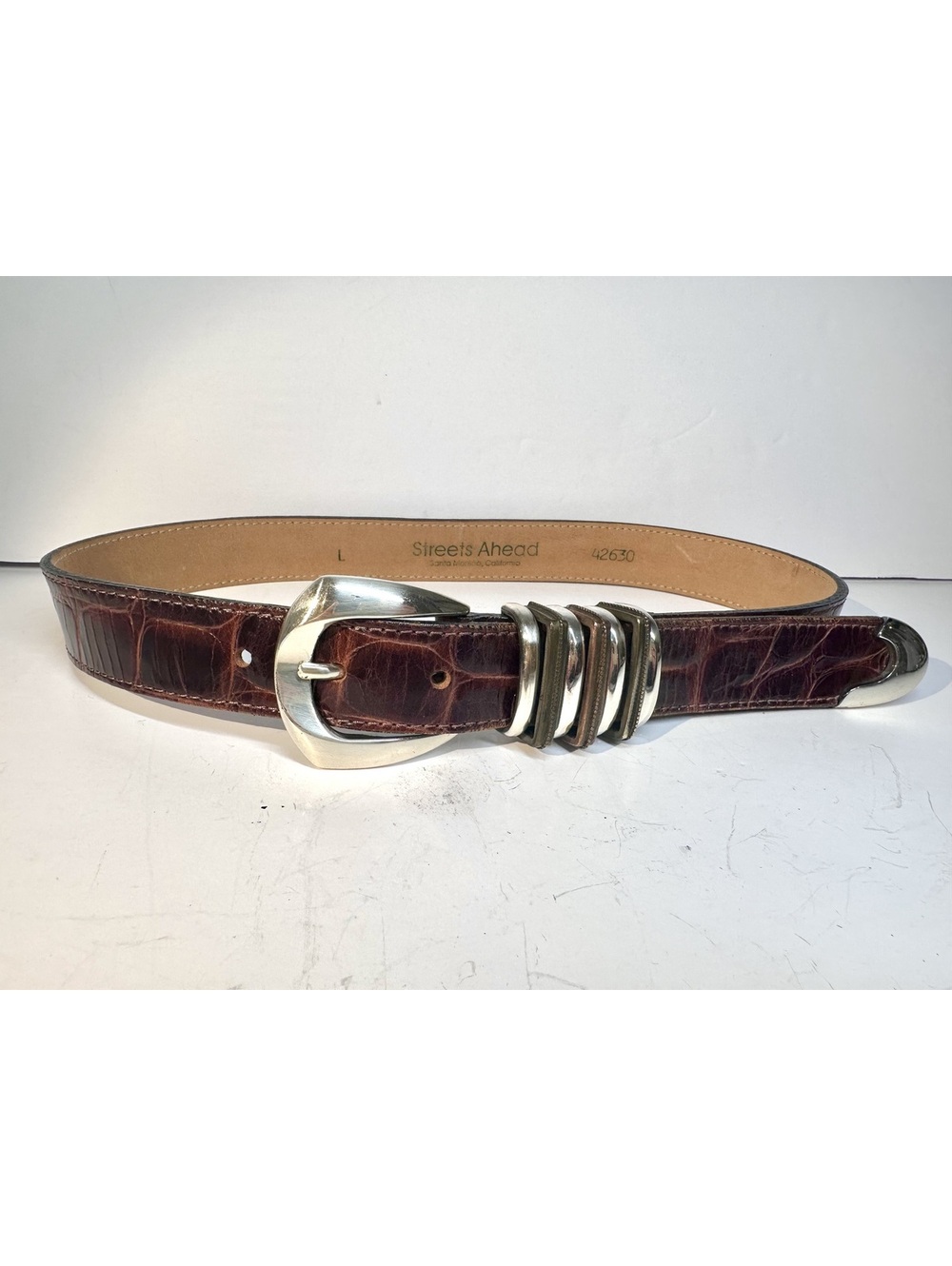 Vintage Streets Ahead Brown Croc-Embossed Leather Belt Size L